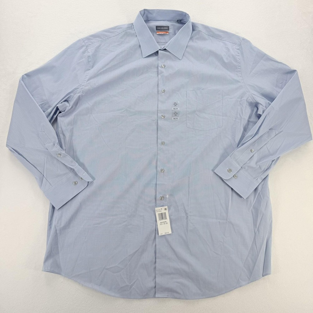 Van Heusen Shirt Mens 18.5 2XL Tall Blue Check Stain Shield Stretch Dress